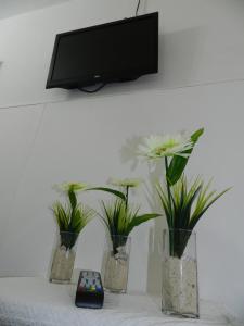 tres jarrones con flores y un mando a distancia en una mesa en Hotel Colon en Posadas