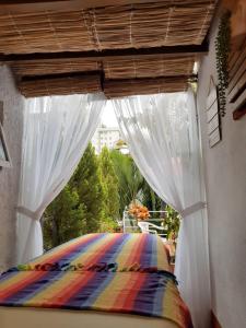 Cama en habitación con ventana y cortinas en Chale Mineiro Hostel & Pousada, en Belo Horizonte