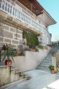 una escalera con macetas en el lateral de un edificio en A Pousa Pensión rural (Camino de Santiago Sanabrés), en Armariz