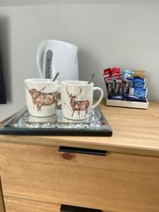 two coffee mugs on a tray on a counter at Attic views in Caol