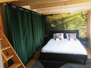 Cama en habitación con cortinas verdes en MAISON JARDIN ET PARKING PRIVé dans GRENOBLE en Grenoble