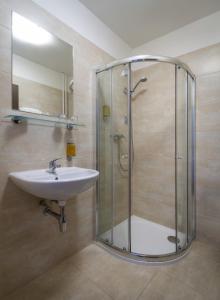 a bathroom with a glass shower and a sink at Hotel Harmony in Prague