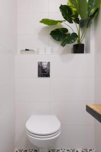 La salle de bains blanche est pourvue de toilettes et d'une plante. dans l'établissement Aju Ben Yehuda 23, à Jérusalem
