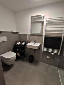 a bathroom with a white toilet and a sink at Ferienwohnung Im Stiffje in Schalkenmehren
