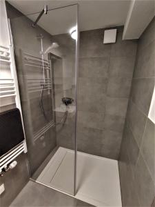 a shower with a glass door in a bathroom at Ferienwohnung Im Stiffje in Schalkenmehren