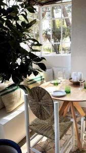 mesa de comedor con silla y planta en Le Cigalon, en Le Beausset
