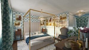 1 dormitorio con cama con dosel y sala de estar. en Great Gatsby Motel In en Northville
