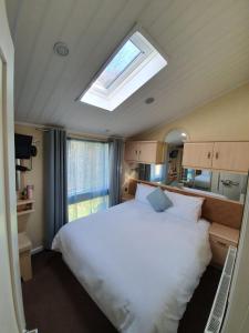 a bedroom with a large white bed with a skylight at Holly Lodge in Ilfracombe