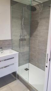 eine Dusche mit Glastür im Bad in der Unterkunft Suite au pied de la montagne et vue imprenable in Saint-Alban