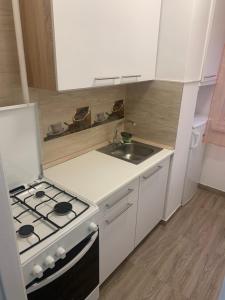 a small kitchen with a stove and a sink at Szabó Apartman in Miskolc