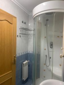 a bathroom with a shower with a glass door at Mirador de Valcayo in Riaño
