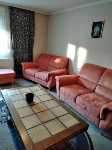 ein Wohnzimmer mit 2 Sofas und einem Tisch in der Unterkunft Koba in Bački Monoštor
