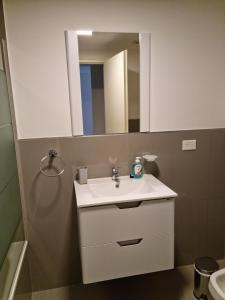 een badkamer met een witte wastafel en een spiegel bij Departamento Caleufu in Neuquén