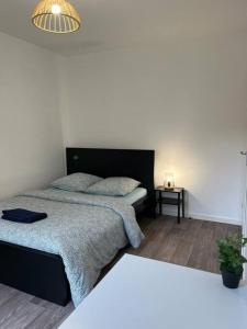 a bedroom with two beds and a potted plant at Appartement F2 de haut standing en hypercentre avec jardin privé à 270 m de la Gare de MANTES ! in Mantes-la-Ville