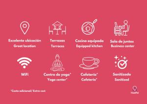 a set of white icons on a red background at Hostal La Paz & Love Guadalajara in Guadalajara