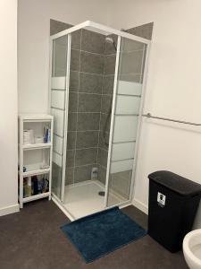 een douche met een glazen deur in de badkamer bij Appartement F2 de haut standing en hypercentre avec jardin privé à 270 m de la Gare de MANTES ! in Mantes-la-Ville