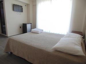 Un dormitorio con una cama grande con una ventana grande. en Hostal Sky, en Tarija