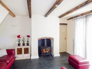 a living room with a fireplace and a red couch at Berrylane in Enniscorthy