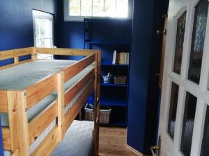 a bedroom with blue walls and a bunk bed at Cottage by the lake in Nadole in Nadole