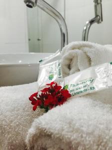 un ramo de flores rojas sentado en un montón de toallas en Hotel Palmeiras, en Santana do Livramento