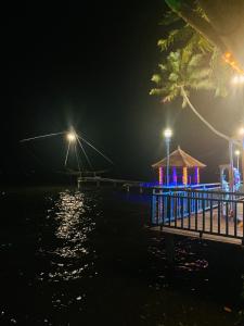 un muelle por la noche con luces en el agua en Kallanchery Retreat, en Ernakulam