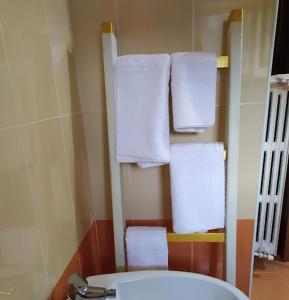 a bathroom with white towels hanging on a rack at La Petite Maison in Campolattaro