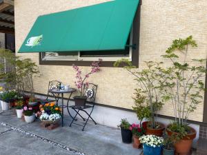stół z zieloną markizą i grupą roślin w obiekcie 森のカフェ w mieście Beppu