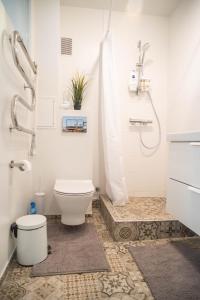 bagno bianco con servizi igienici e doccia di Čia gera studio a Anykščiai