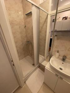 ein Bad mit einer Dusche und einem Waschbecken in der Unterkunft Apartment Tkalča in Zagreb