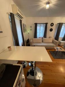 eine Küche und ein Wohnzimmer mit einer weißen Arbeitsplatte in der Unterkunft Apartment Tkalča in Zagreb