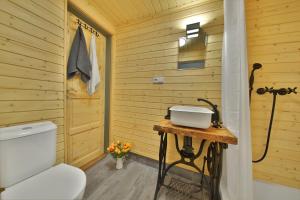 een badkamer met een toilet en een houten muur bij Apartmán Malá Skála in Malá Skála