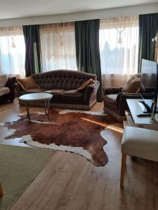 a living room with a brown couch and a table at Villa Sukka in Winterlingen