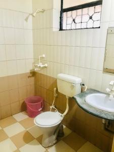 a white toilet sitting next to a sink in a bathroom at Hotel Sheela, 100m from Taj Mahal in Agra