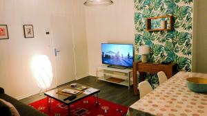 een woonkamer met een televisie en een tafel bij Roubaix Gare wifi métro musée calme confort 6 lits - Gite le Ferrum in Roubaix