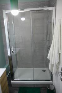 W łazience znajduje się prysznic ze szklanymi drzwiami. w obiekcie Roubaix Gare wifi métro musée calme confort 6 lits - Gite le Ferrum w mieście Roubaix