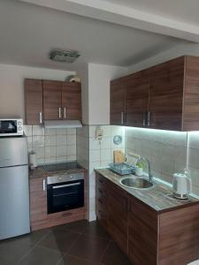 eine Küche mit Holzschränken und einem Waschbecken in der Unterkunft Stan na dan, Titanik Tuzla, centar grada in Tuzla