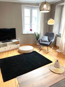 a living room with a black rug and a tv at Uriges Ferienhaus in der Altstadt von Saarburg mit Sauna, Kinderspielecke, 1000Mbit Wlan, 1 Minute vom Wasserfall entfernt in Saarburg