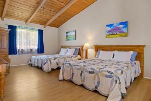 two beds in a bedroom with blue curtains at Castle Waimea Country Lodge in Waimea