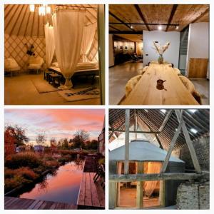 un collage de cuatro fotos de una yurta en Vakantiewoning in monumentale boerderij met yurt en Eckelrade
