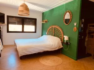阿萊的住宿－Magnifique villa avec piscine，一间卧室设有一张带床铺的绿色墙壁