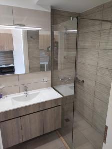 een badkamer met een wastafel en een douche bij Gregory Apartments in Tolo