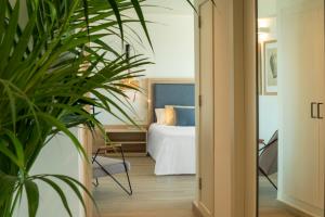 a bedroom with a bed and a potted plant at Hotel Cabogata Jardín in Retamar
