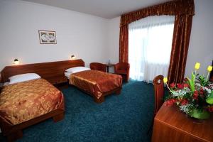 a hotel room with two beds and a window at Hotel Salamandra in Hoczew