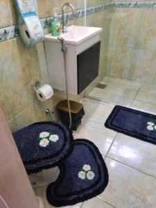 a bathroom with a sink and two rugs on the floor at Mini Casa independente no bairro Praia das Gaivotas in Vila Velha