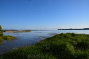 a body of water with green grass and a field at Jolie maison de campagne in Langueux