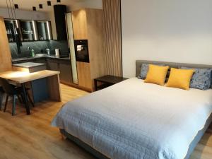 a bedroom with a bed and a desk and a kitchen at Apartament River House in Szczecin
