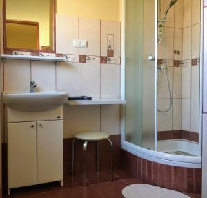 a bathroom with a sink and a shower and a stool at Dom noclegowy ORIENT in Gołuchów