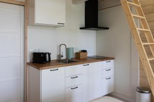a kitchen with white cabinets and a sink and a ladder at Tiny house - optioneel met hottub in Dokkum