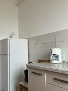 La cuisine est équipée d'un réfrigérateur blanc et d'un four micro-ondes. dans l'établissement Apartament Ion Heliade, à Târgu-Mureş