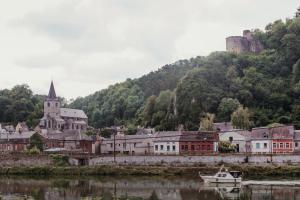 a town next to a river with a castle on a hill at La tanière Dinant in Dinant
